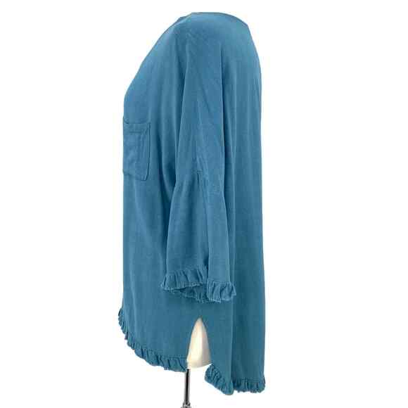 Umgee Blouse Womens Small Blue Linen Cotton Raw Edge Hem Ladies Tunic Top Hi Low - Picture 4 of 8